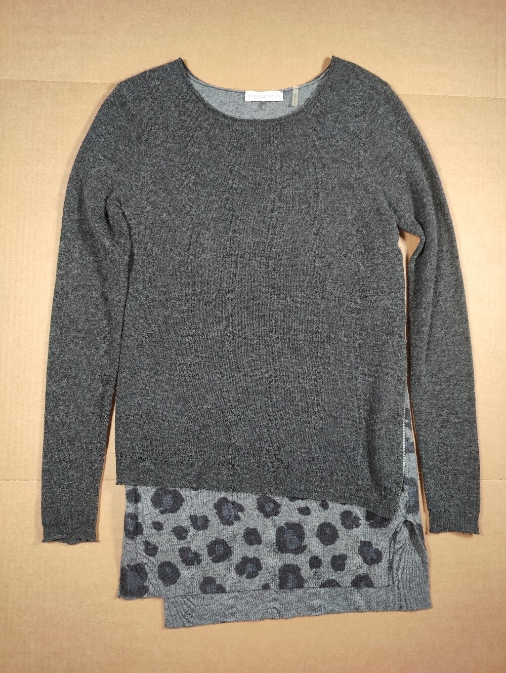 Rebecca Taylor Charcoal Gray Layered Animal Print Wool Cashmere Sweater Size S